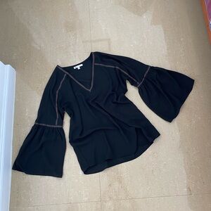 DR2 Sz S black crepe v-neck blouse with flared sleeves embroidered details